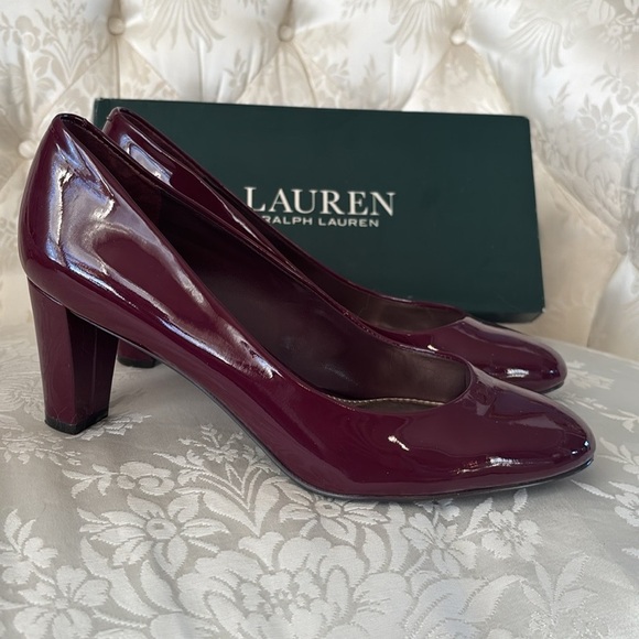 Lauren Ralph Lauren Genuine Patent Leather Burgundy Pumps Rounded Toe Heels Fall - Picture 5 of 14